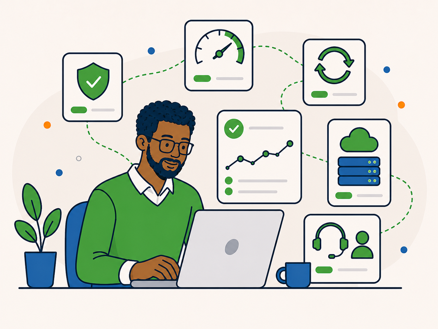 Illustration of a website owner considering ongoing WordPress care, with maintenance, security, performance, hosting, and support icons.
