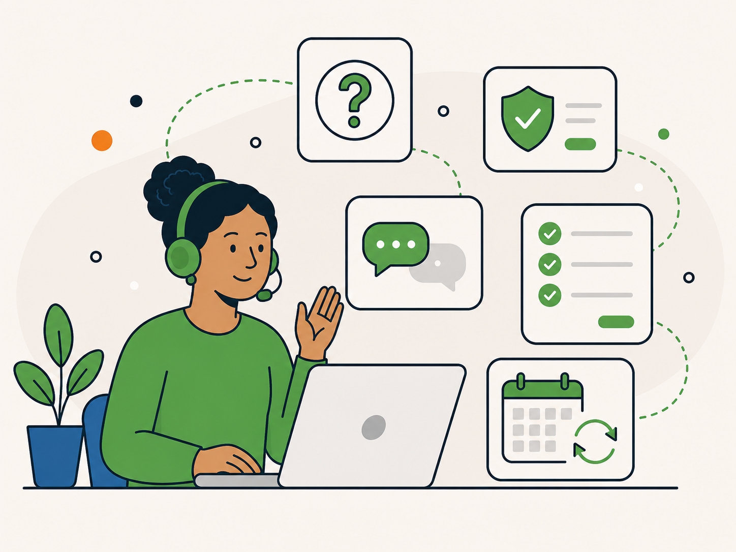 Friendly support agent beside a WordPress dashboard with care plan support icons, showing help and guidance for choosing the right website care plan.