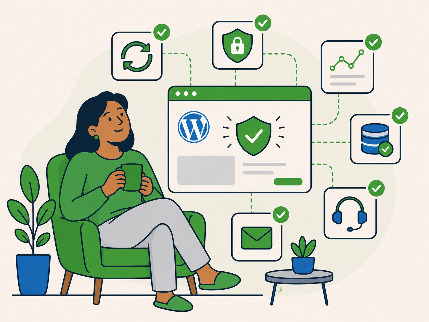 Relaxed business owner knowing their WordPress website is monitored, maintained and supported over time.
