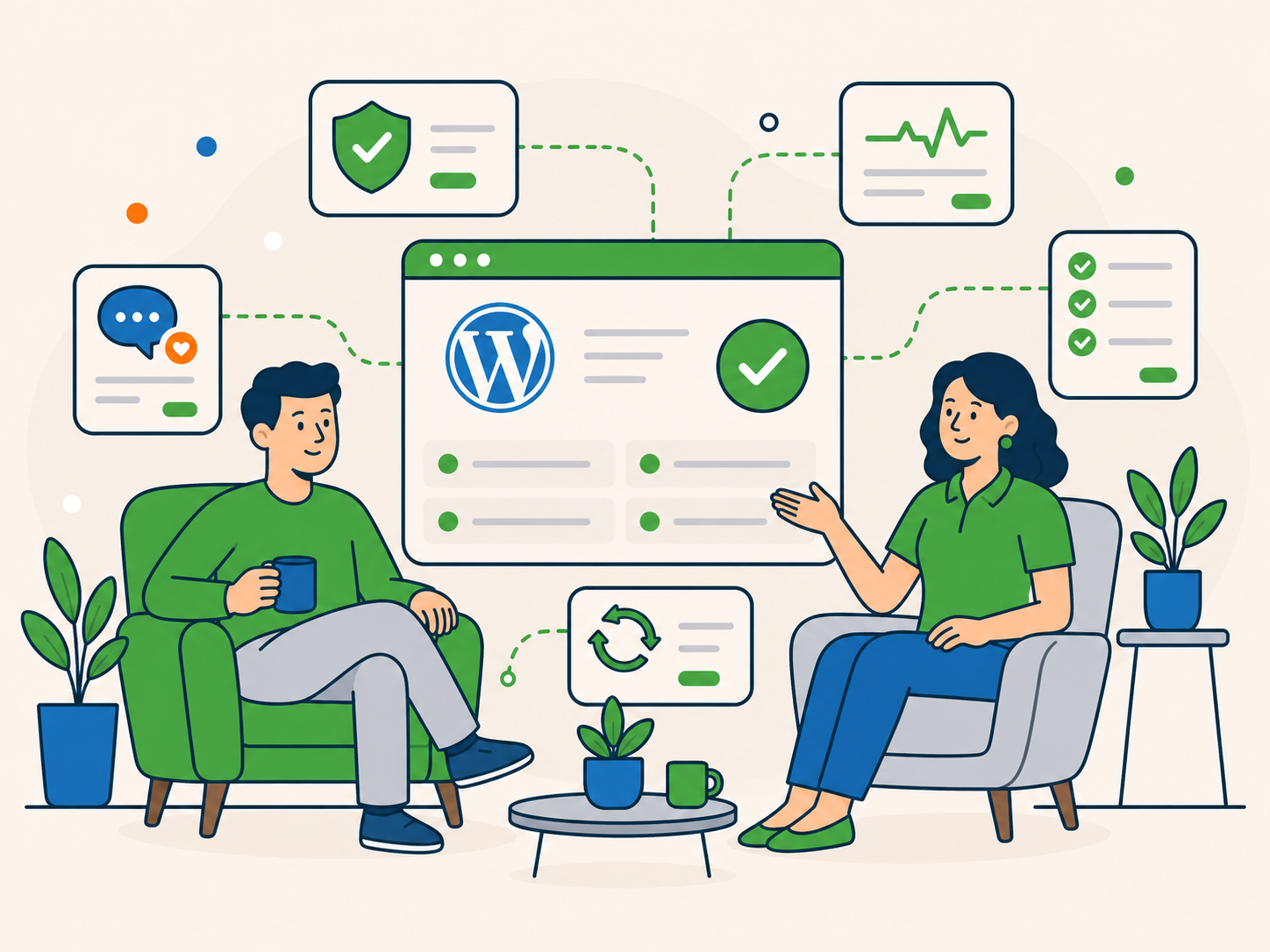 Illustration of a client and support adviser sitting together with a WordPress care dashboard, showing calm ongoing support, monitoring, updates, and peace of mind over time.