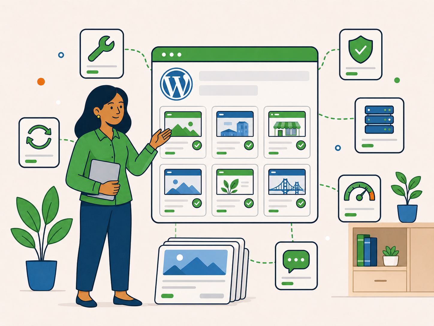 Business owner reviewing a portfolio of WordPress websites supported by recurring maintenance, hosting, security, and performance services.
