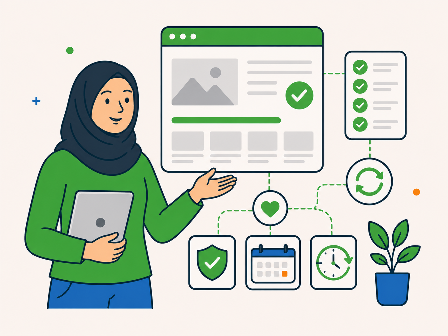 Person presenting an ongoing website care plan with update, security, and maintenance icons.