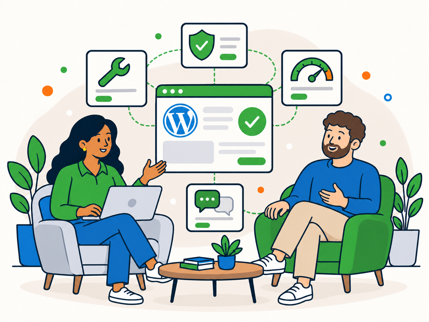 WordPress care plan consultation showing a support specialist helping a website owner choose between maintenance, security and performance services.