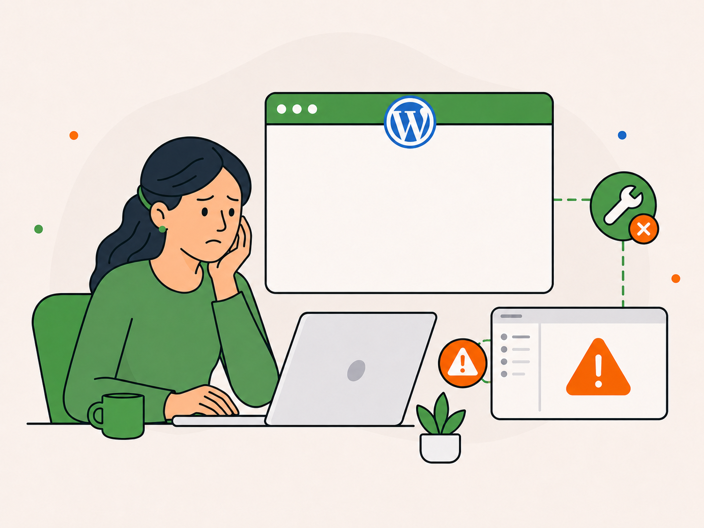 Illustration of a concerned website owner at a laptop with a blank WordPress browser window and connected error warning panels.
