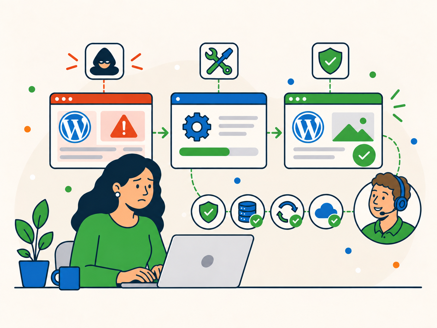 Illustration showing a hacked WordPress website being recovered and protected with ongoing security and support.