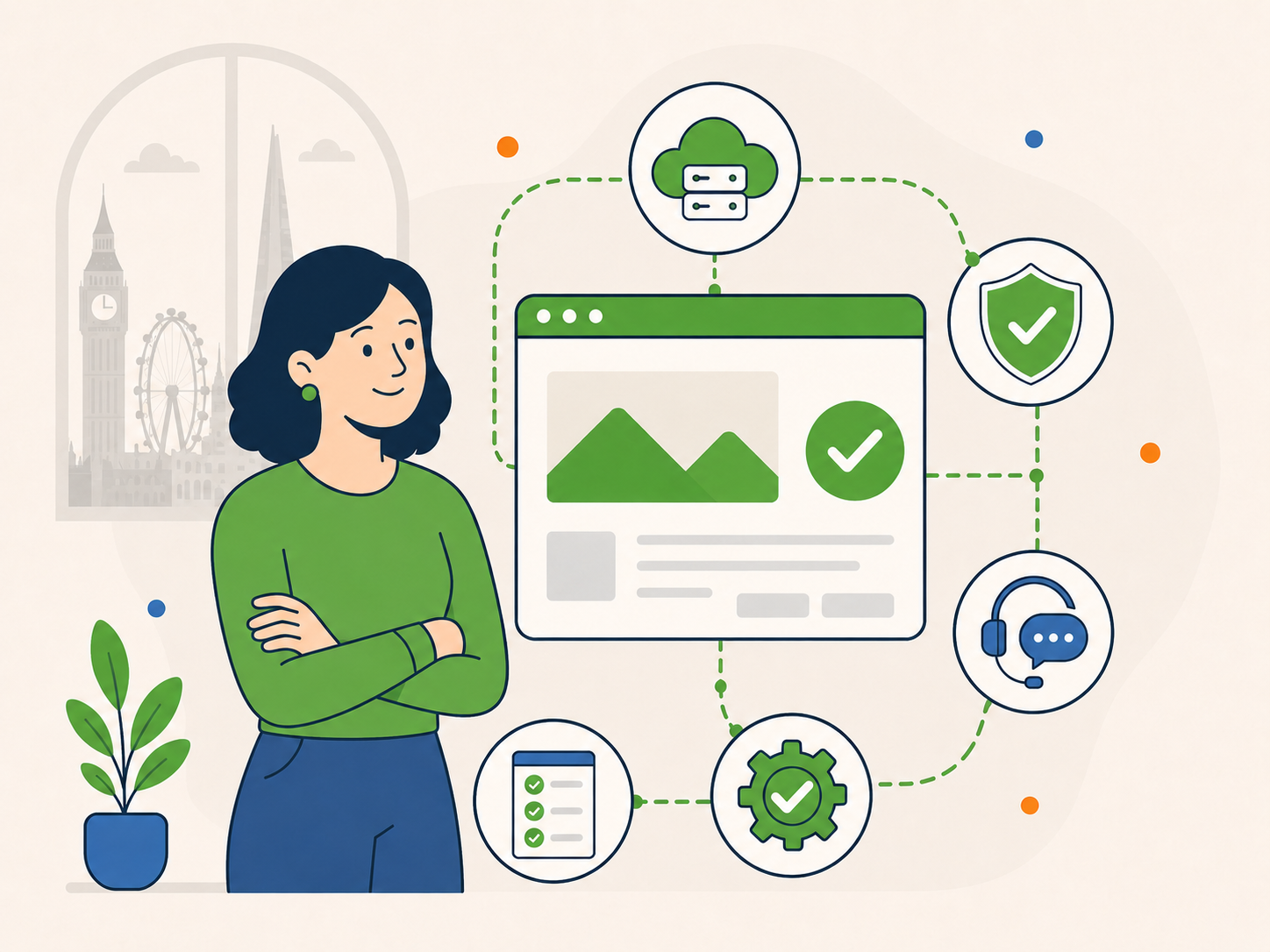 Illustration of a London website owner beside a connected website support system with hosting, security, care, and support icons.