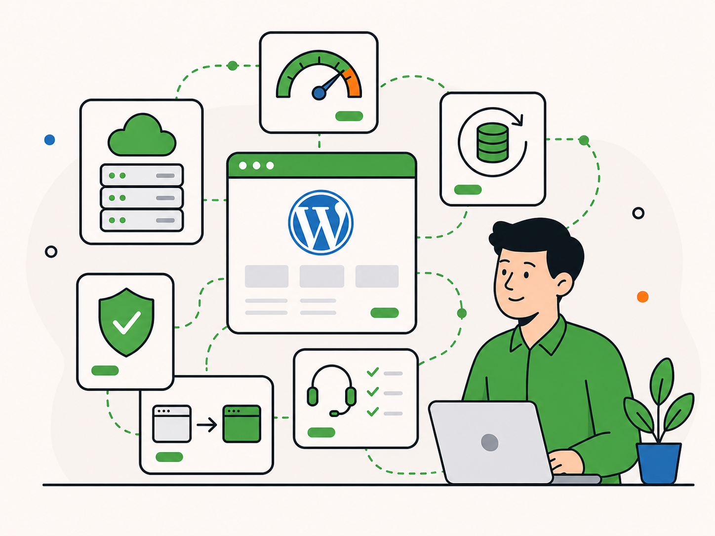 Illustration of a support professional managing a WordPress website with icons for hosting, support, security, checklists, and ongoing maintenance.