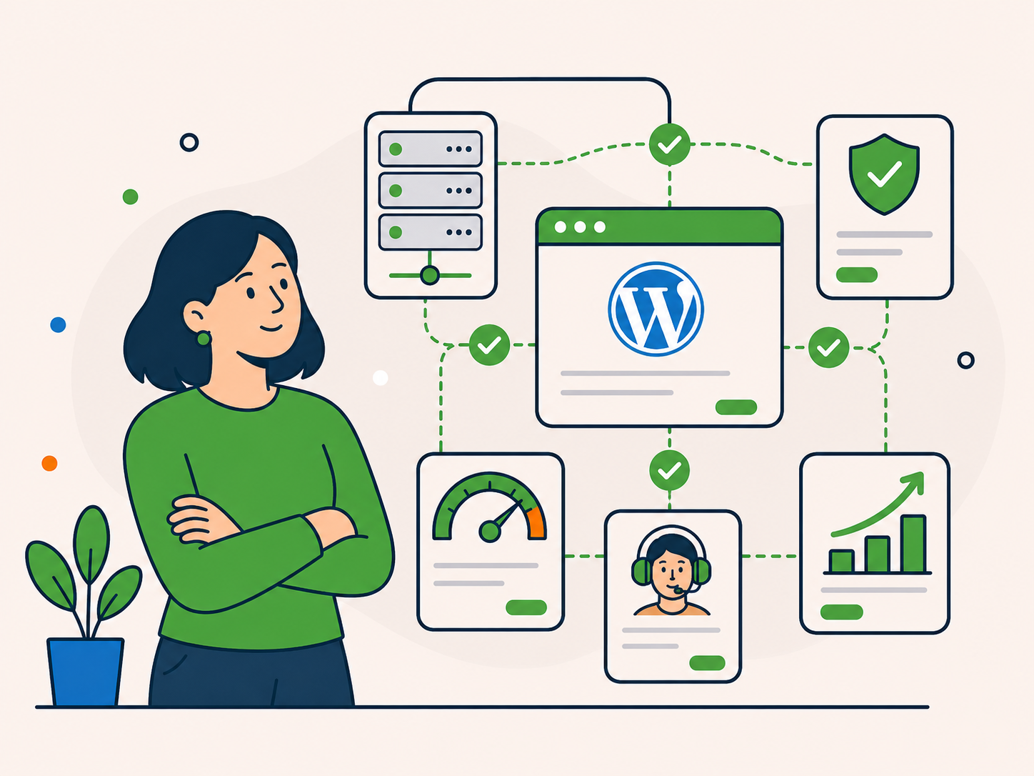 Illustration of a confident website owner with a joined-up WordPress hosting setup, showing connected security, performance, support, and growth features for long-term stability.