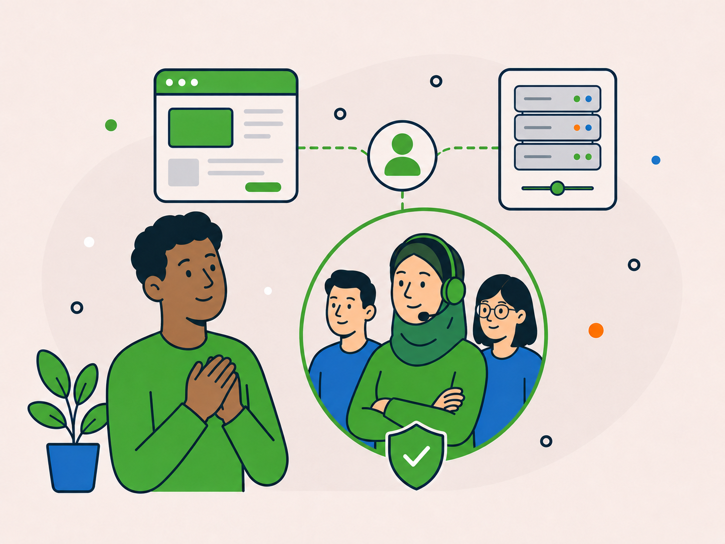 Illustration of a customer with one clearly accountable WordPress hosting and support team, showing clearer responsibility between the website, hosting environment, and support.