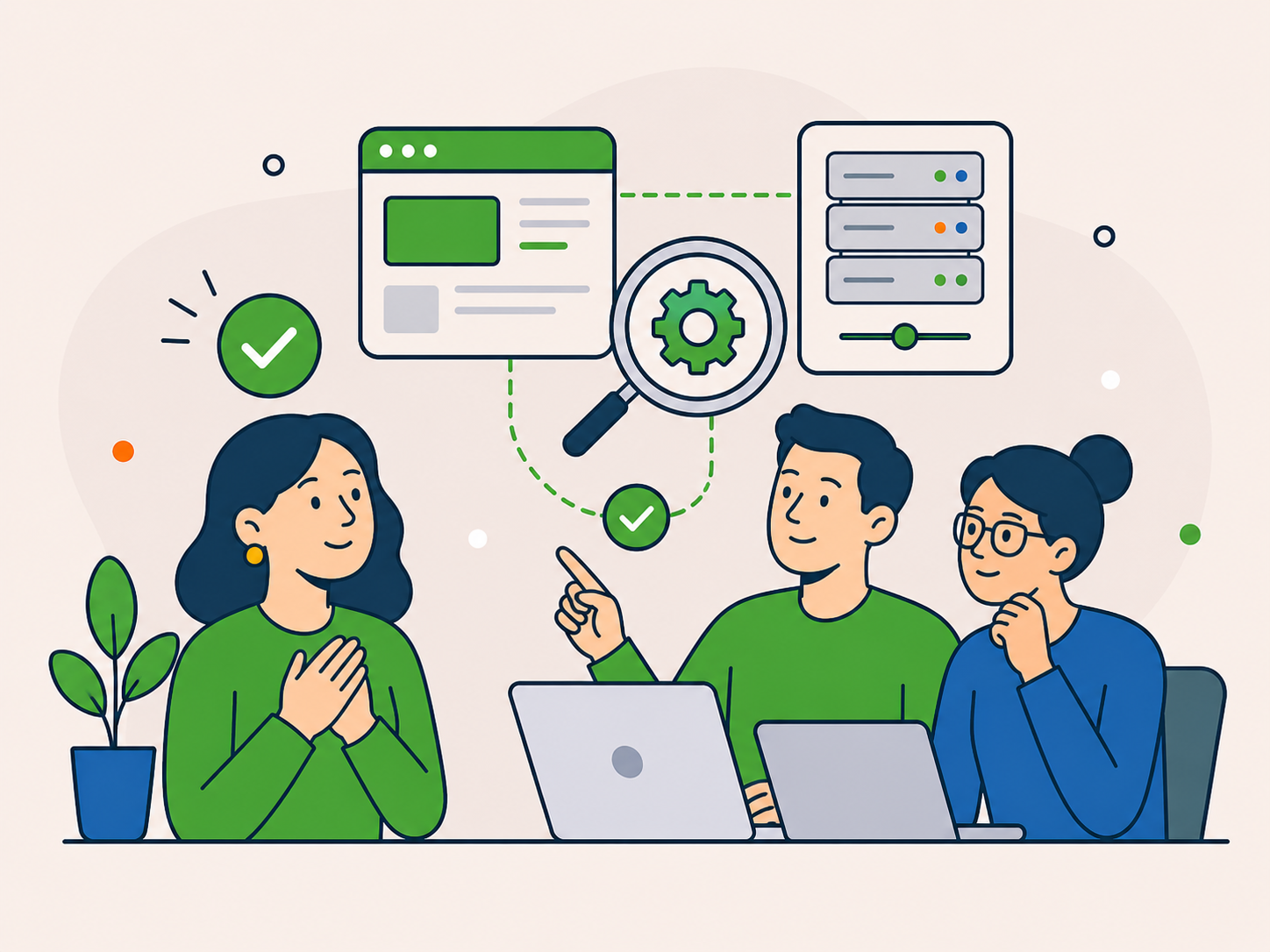 Illustration of a joined-up WordPress hosting and support team diagnosing a website issue faster by viewing the website and hosting setup together.