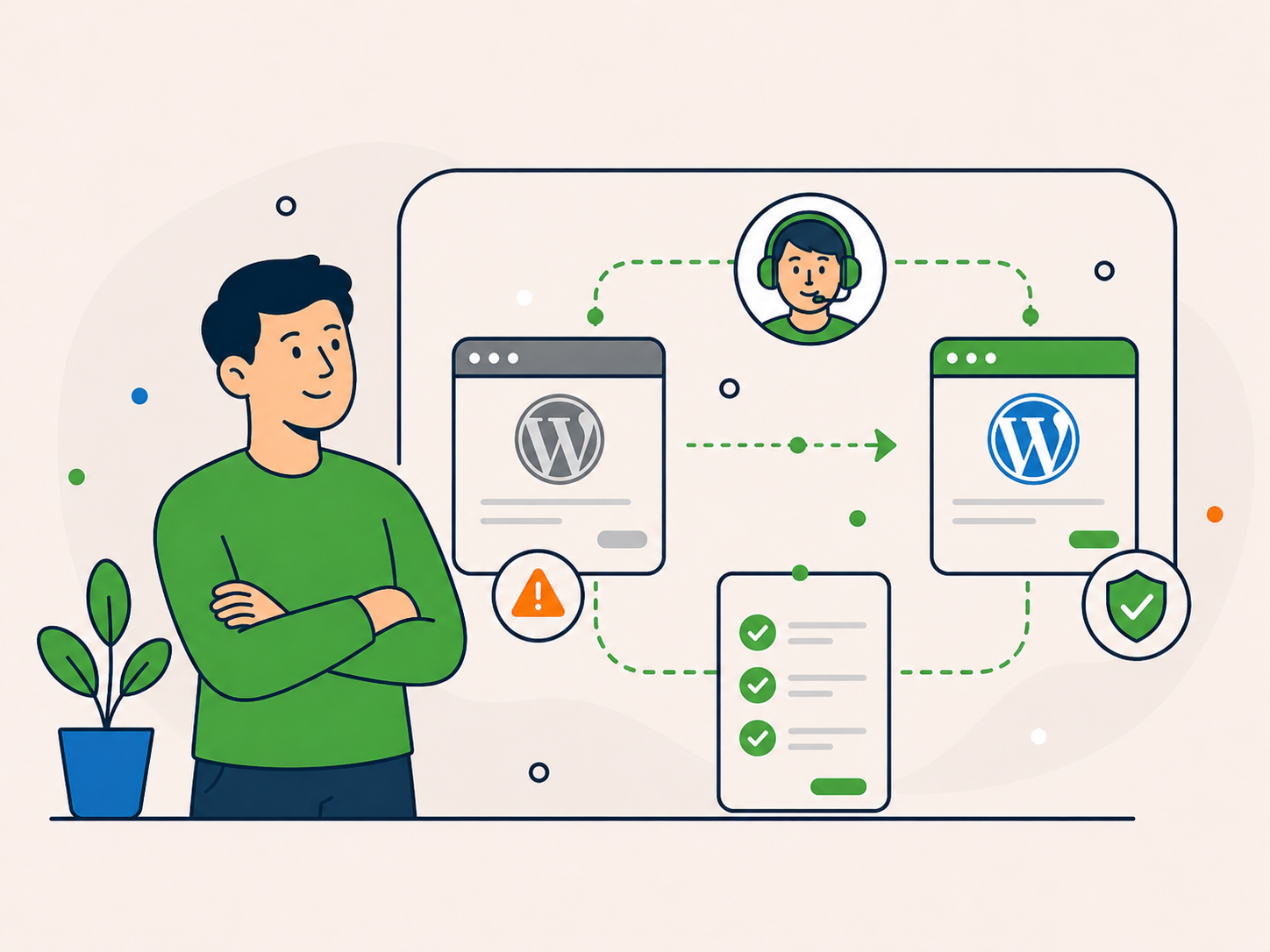 Illustration of a planned WordPress hosting migration, showing an old setup being moved to an improved hosting environment with support oversight, checklist steps, and confirmation badges.