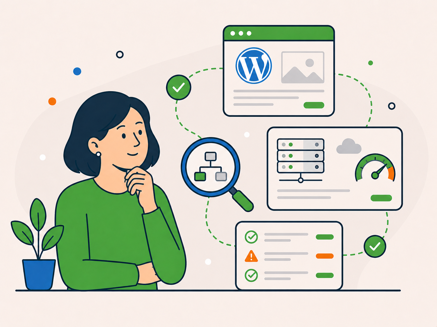 Illustration of a website owner reviewing their current WordPress hosting setup, with connected website, server, performance, magnifying glass, and checklist panels highlighting what needs improvement.