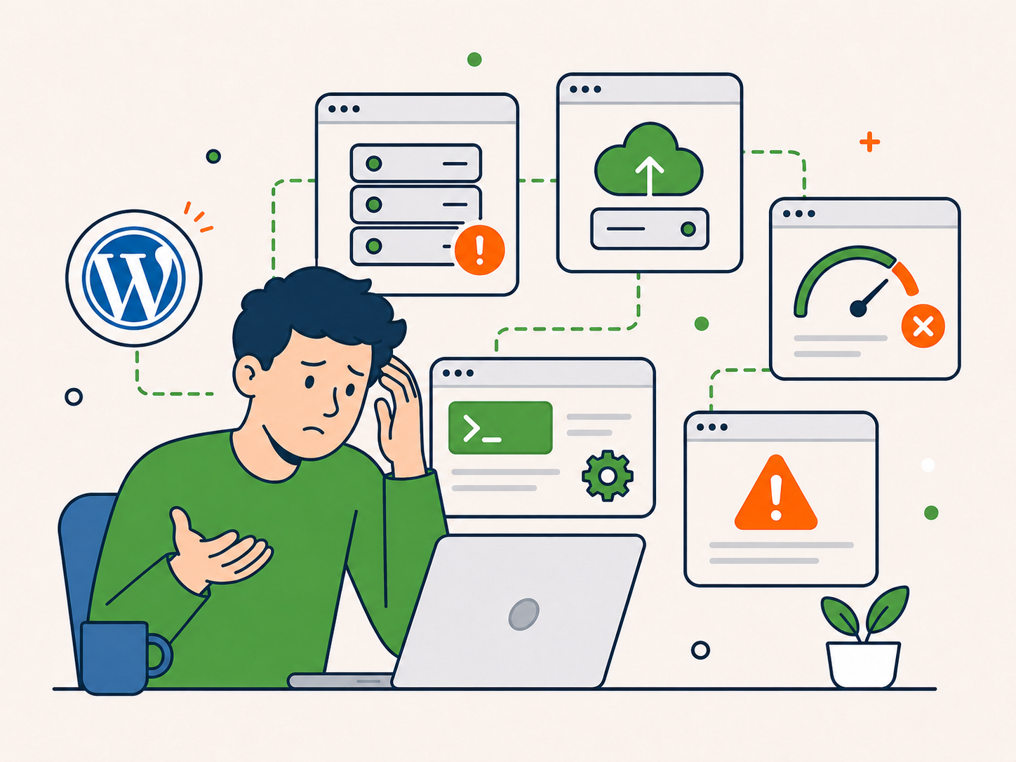 Illustration of a website owner reviewing WordPress hosting, server, cloud, speed, and PHP-related warning panels.