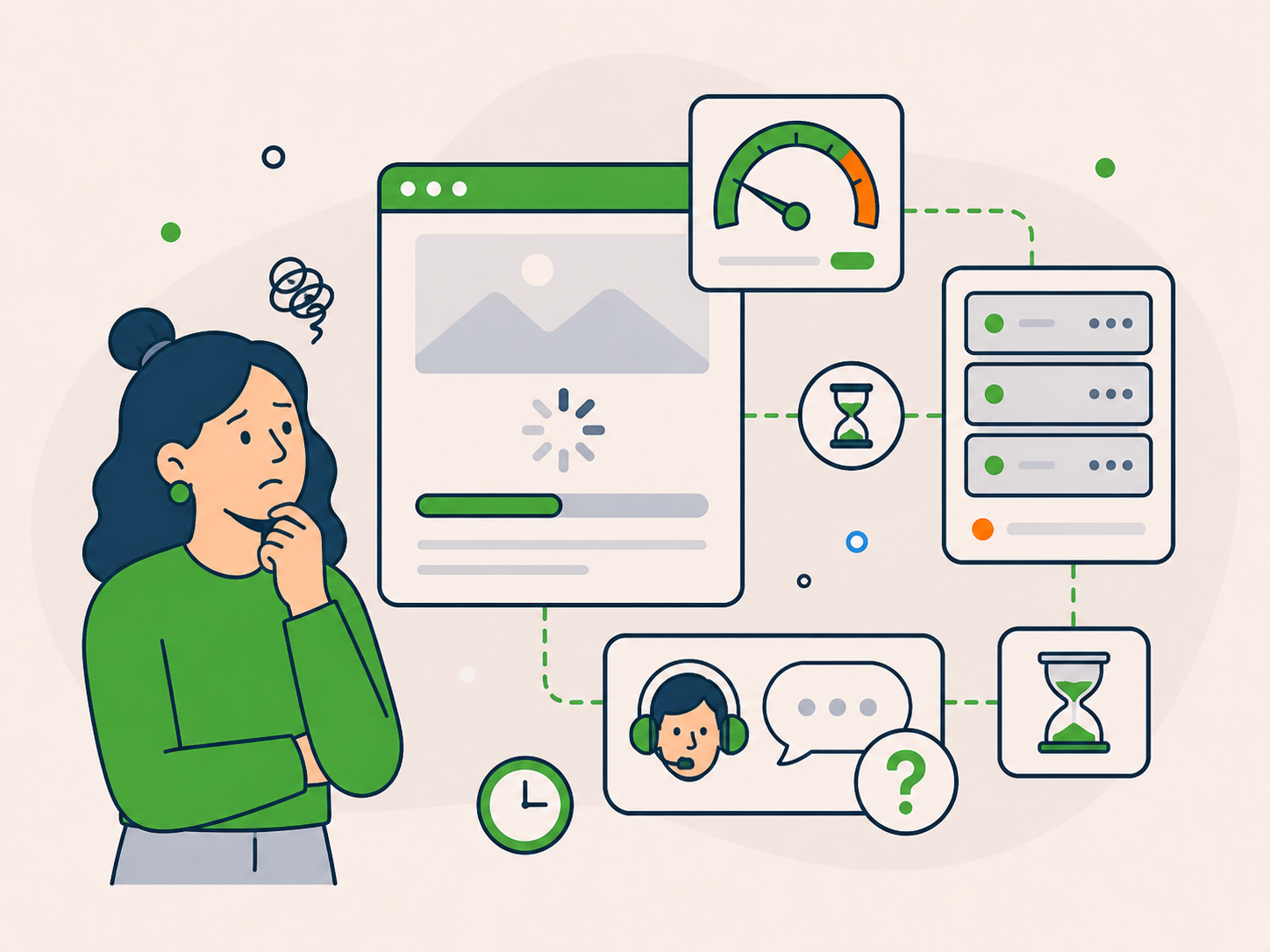 Illustration of a frustrated website owner facing slow WordPress hosting, with a loading website, waiting icons, and unclear support signals.