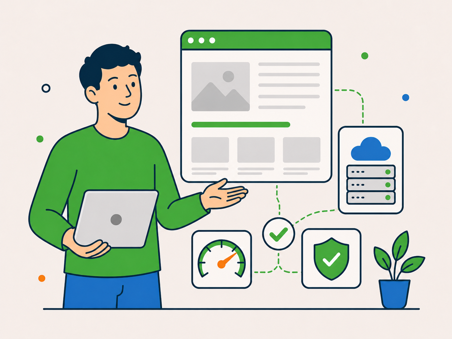 Person presenting a faster website supported by stable cloud hosting, performance, and security icons.