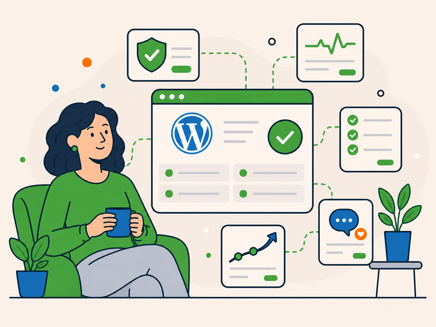 Illustration of a relaxed woman holding a mug beside a WordPress maintenance dashboard, with connected cards showing security, monitoring, checks, support, and steady website progress.