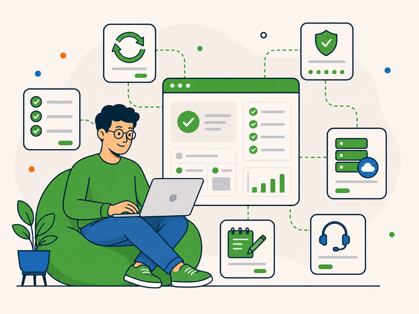 WordPress specialist managing updates, checks, backups and ongoing website care from a maintenance dashboard.