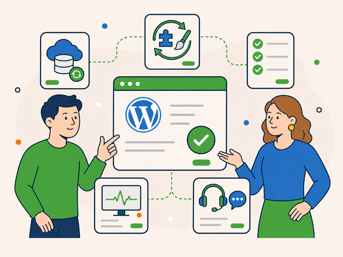Illustration of two people presenting a WordPress maintenance dashboard with connected icons for backups, updates, checks, monitoring, and support.