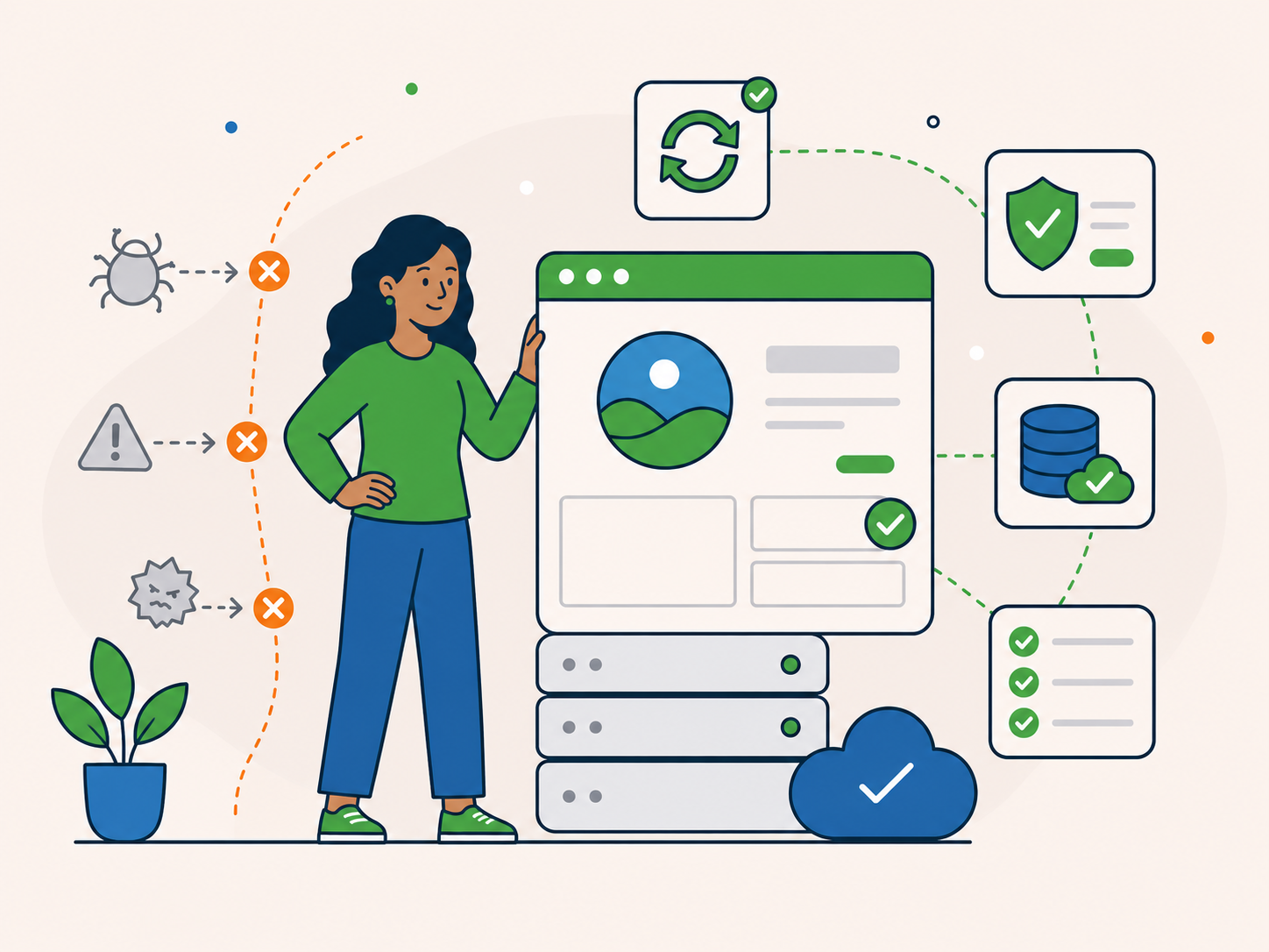 Illustration of a woman overseeing WordPress maintenance with website updates, security, backups, and checklist icons protecting the site from issues.