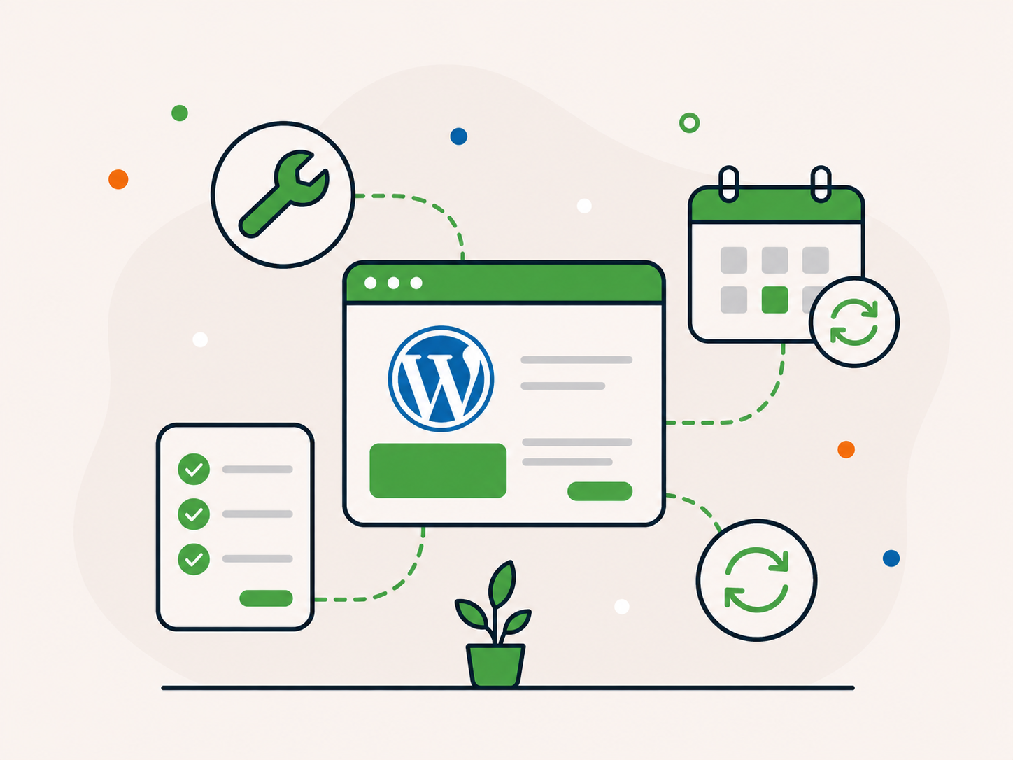 Illustration of a WordPress dashboard connected to a wrench, checklist, calendar, and update icons for ongoing maintenance.