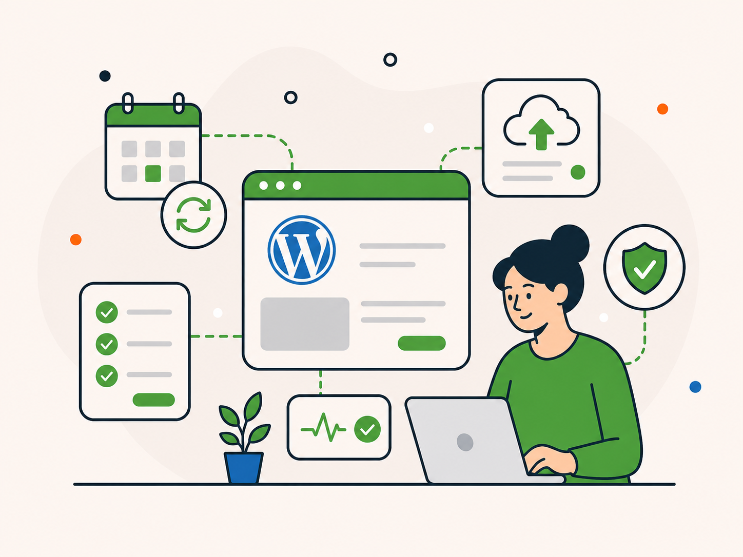 Illustration of a WordPress dashboard connected to calendar, checklist, backup, monitoring, and update icons, with a person managing ongoing website care.