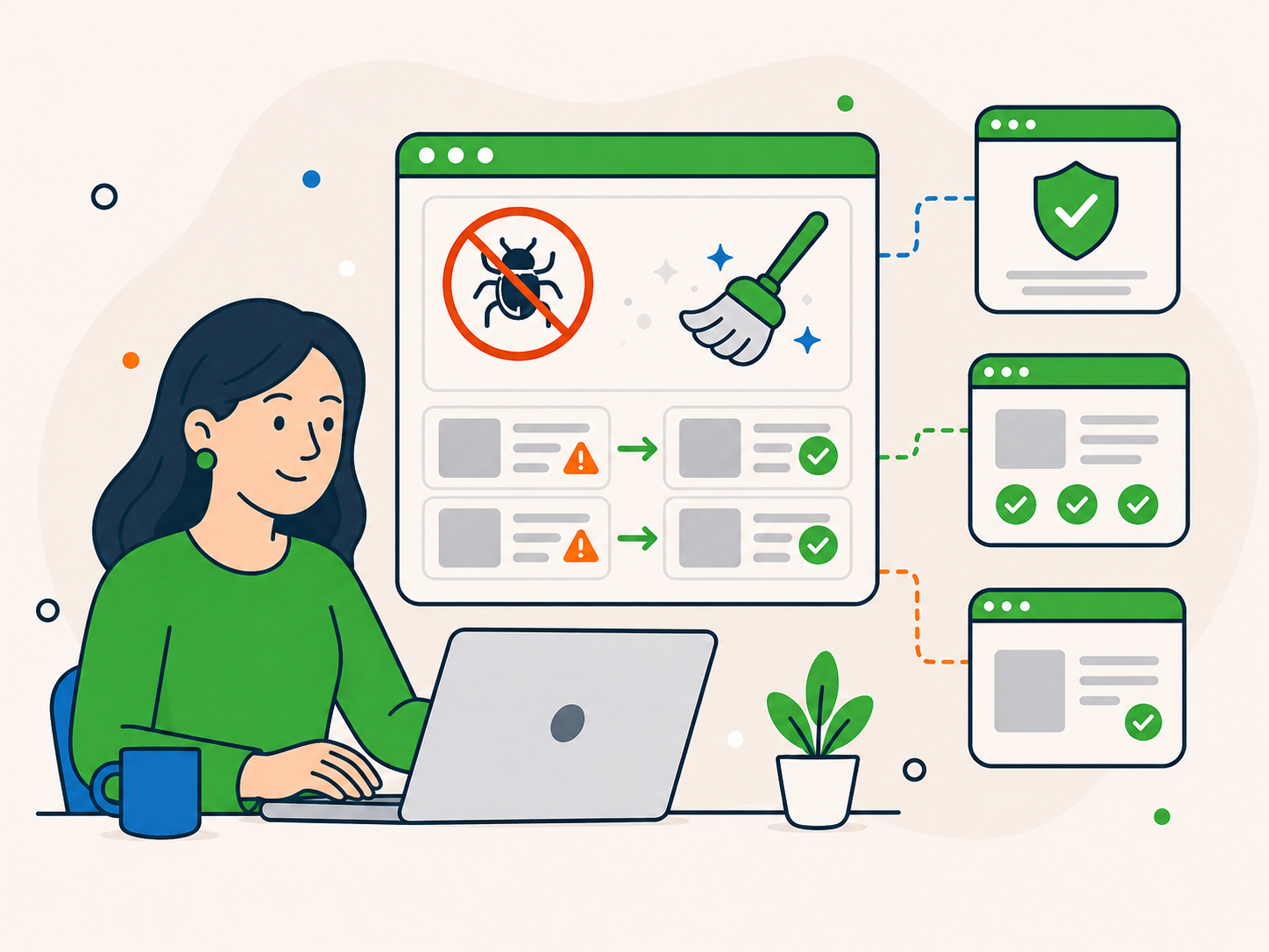 Website support specialist removing malware from a WordPress dashboard, with warning alerts turning into green checkmarks as the site is cleaned up.