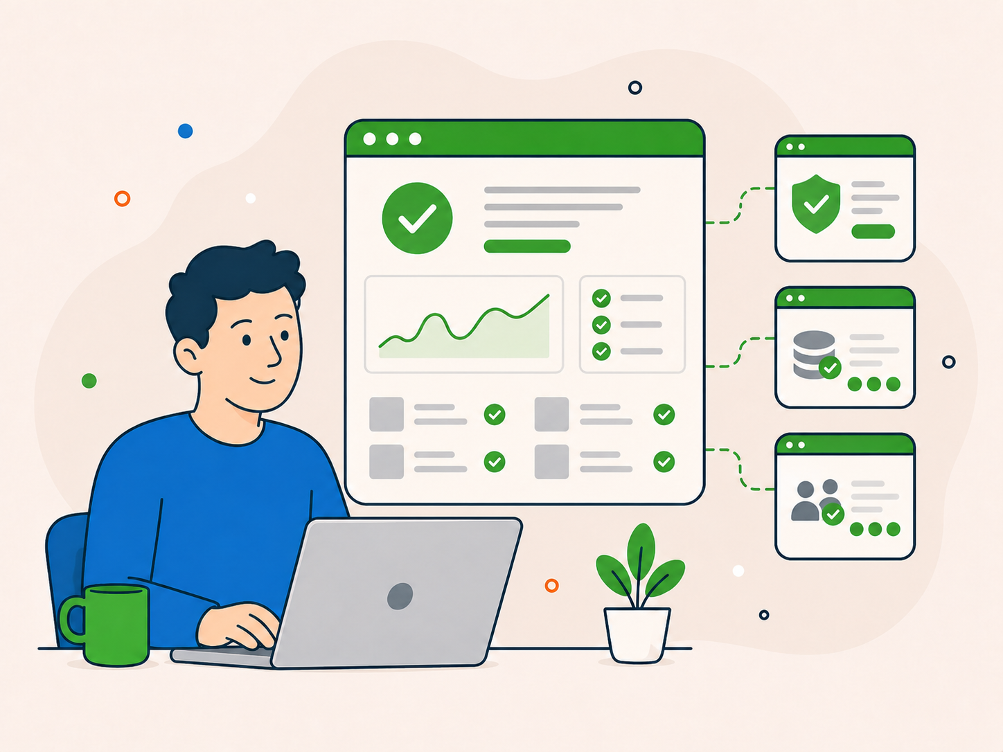 Website owner checking a stabilised WordPress dashboard with restored content, security checks, and healthy status indicators.
