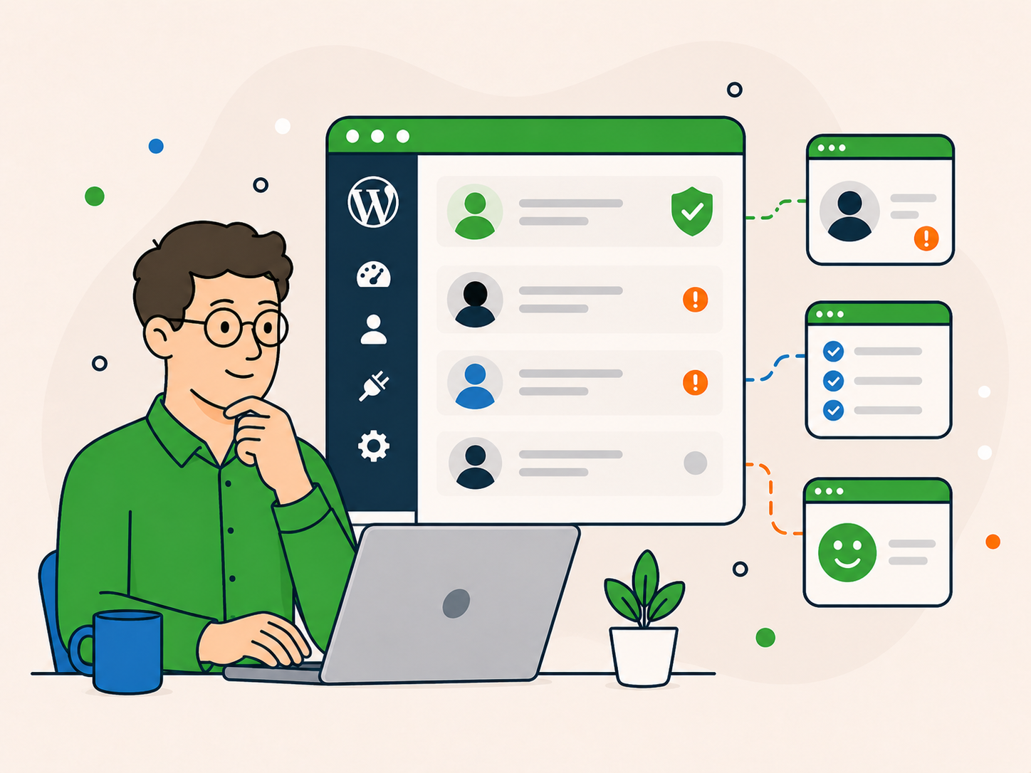 Website owner reviewing a clear WordPress security dashboard that explains malware warnings, affected areas, and resolved checks in a simple way.