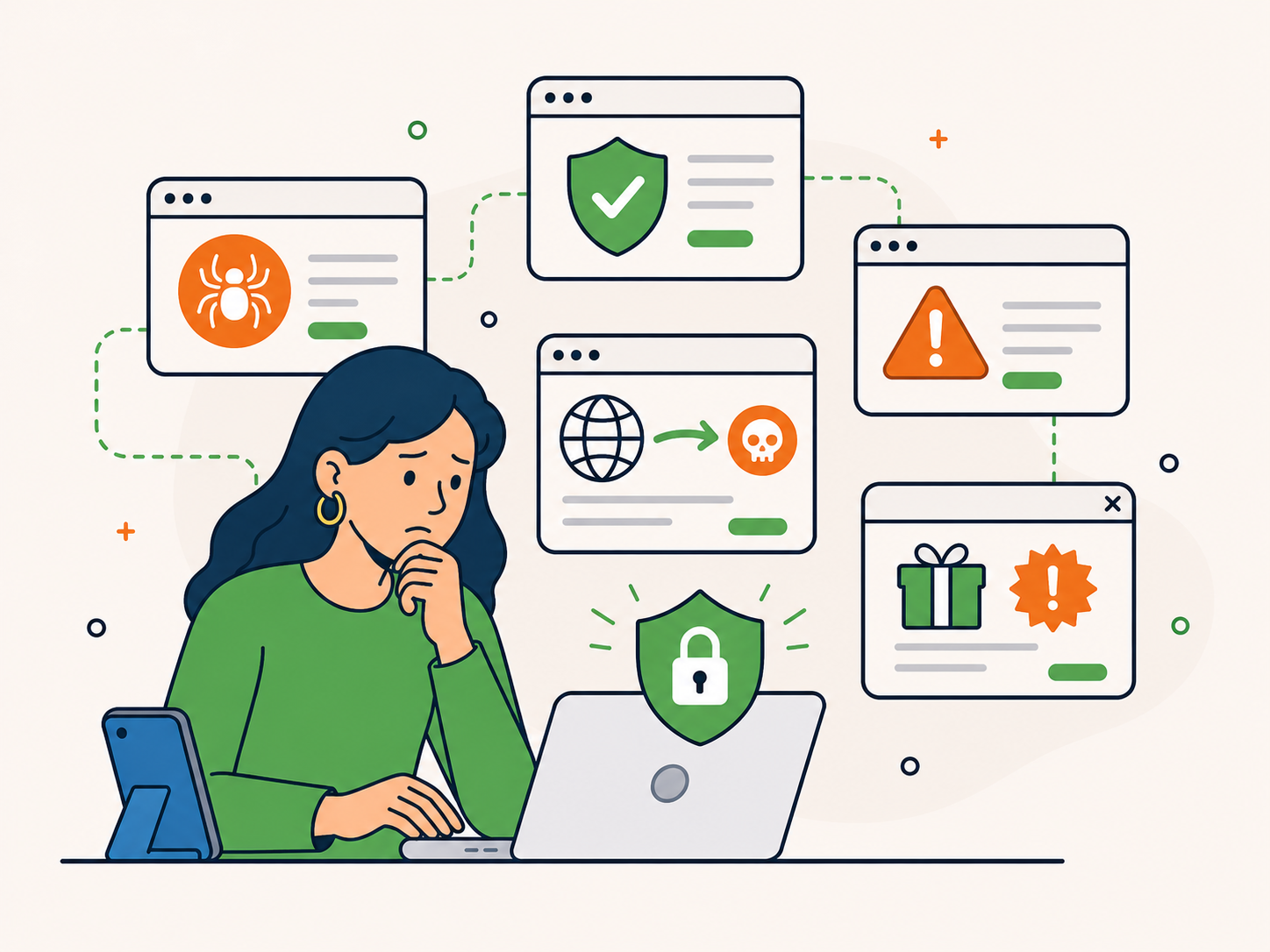 Illustration of a website owner reviewing malware warnings, suspicious redirects, spam alerts, and security protection panels.