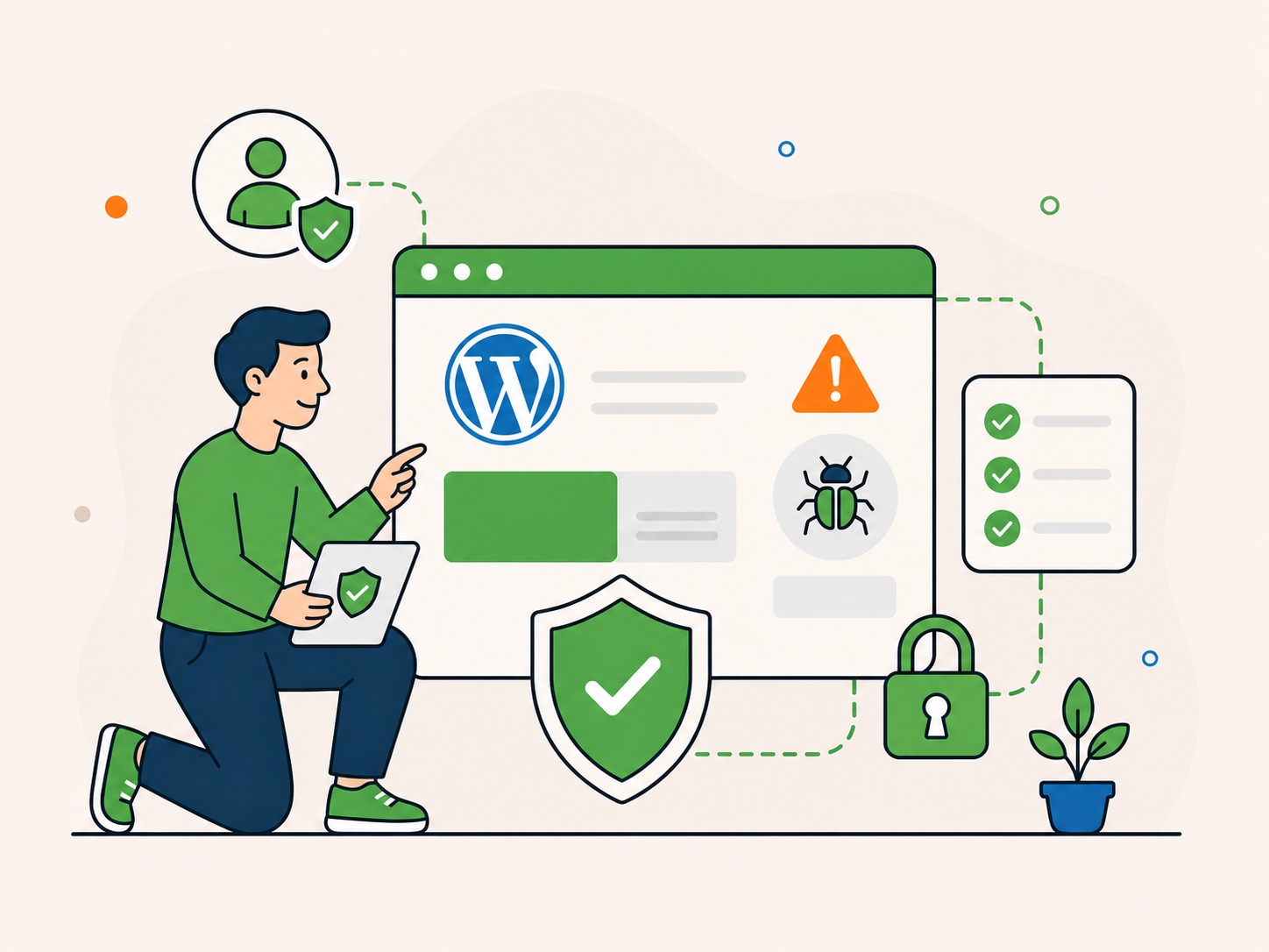 Illustration of a person reviewing WordPress security with shield, lock, checklist, and malware warning icons.