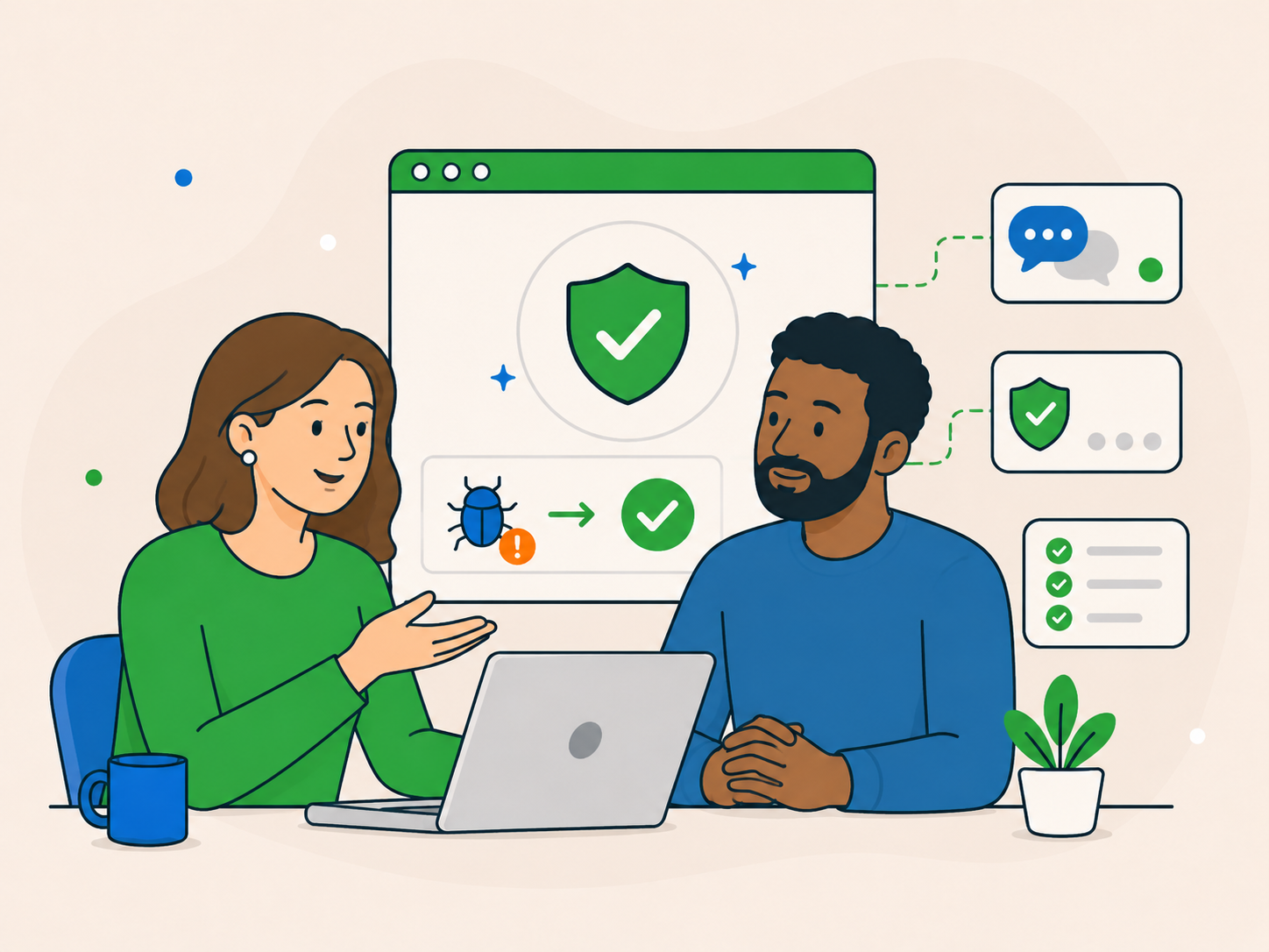 Calm support specialist explains a malware cleanup process to a website owner, with security checks and clear issue-resolution icons in the background.