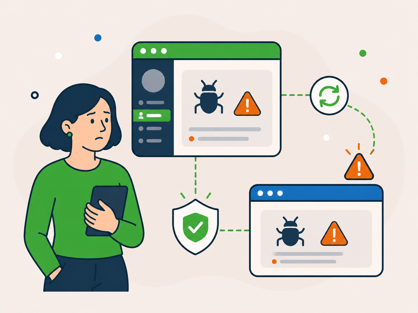 Illustration of a concerned website owner reviewing repeated malware warning panels, bug icons, security alerts, and recurring issue arrows, representing previous malware problems returning.