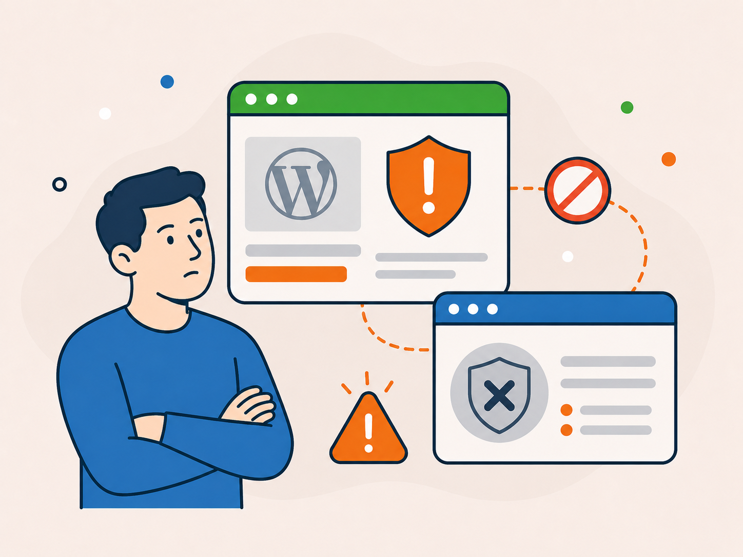 Illustration of a worried website owner looking at WordPress security warning screens, blocked access symbols, and alert icons, representing security warnings or blacklisting.