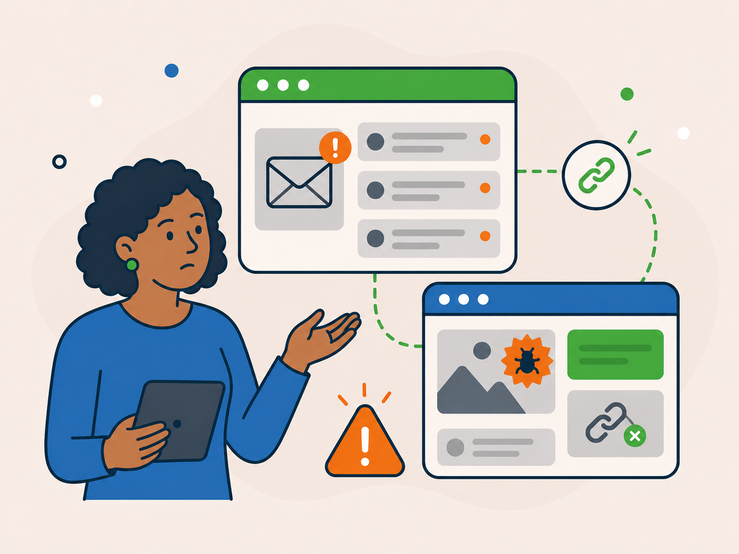 Illustration of a concerned website owner beside website panels showing suspicious messages, spam-style content, a bug icon, and warning alerts, representing spam content or hacked forms on a WordPress site.