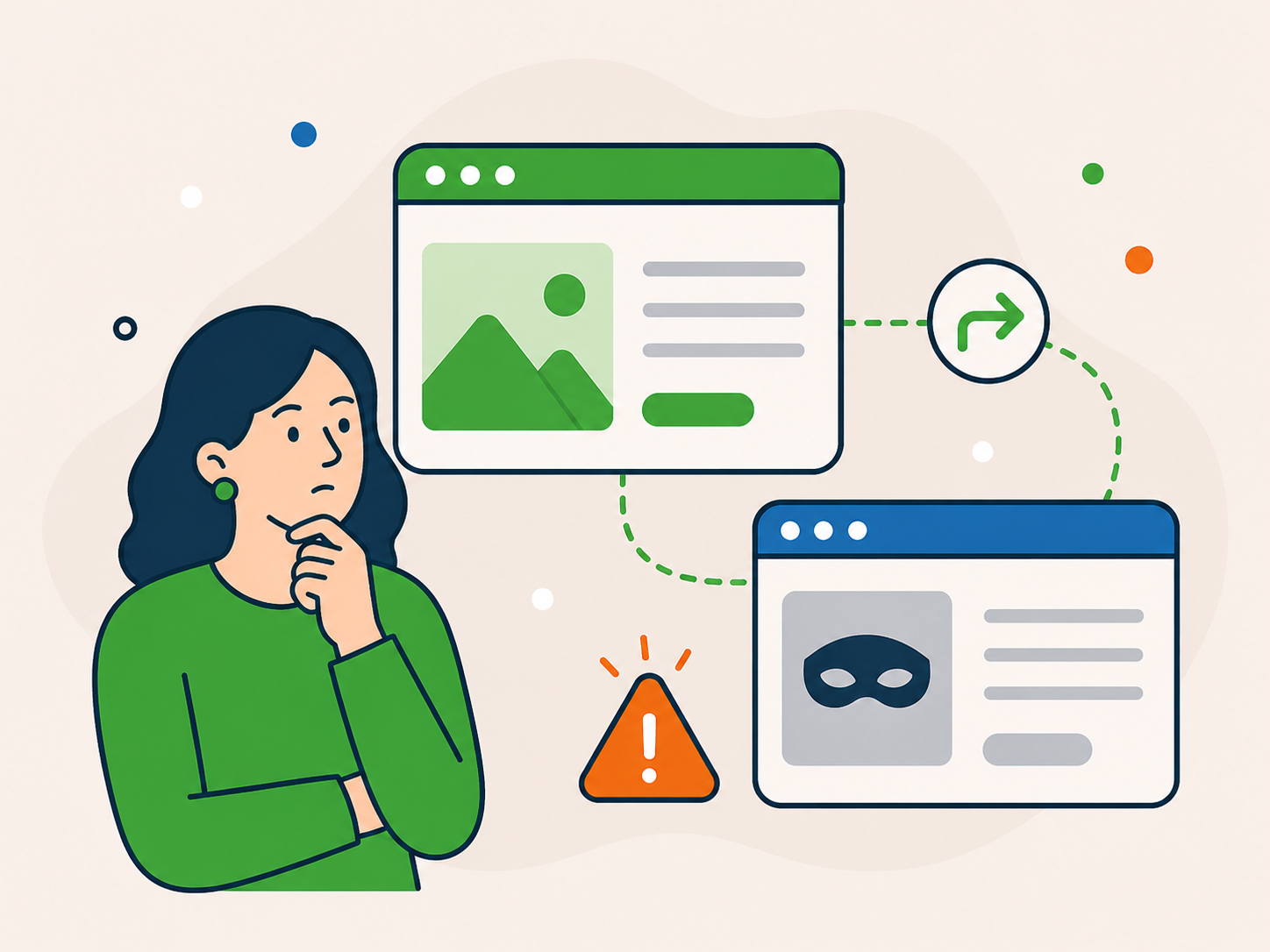 Concerned website owner looking at a suspicious redirect path from a normal page to an unexpected page, with a warning icon highlighting possible malware.