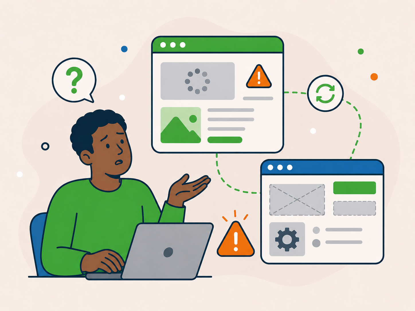 Illustration of a confused website owner at a laptop surrounded by unstable website panels, warning icons, loading issues, and broken elements, representing sudden website problems without a clear cause.