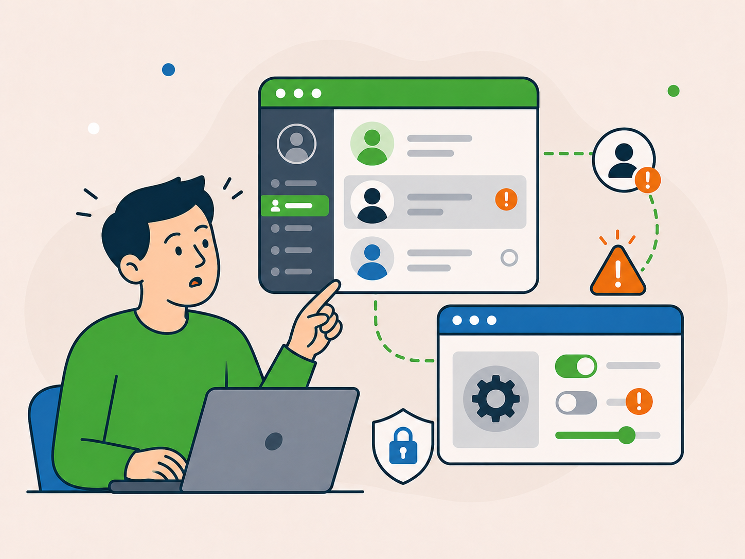Illustration of a concerned website owner using a laptop while reviewing suspicious WordPress user accounts and unexpected settings changes, representing unknown users or admin changes.