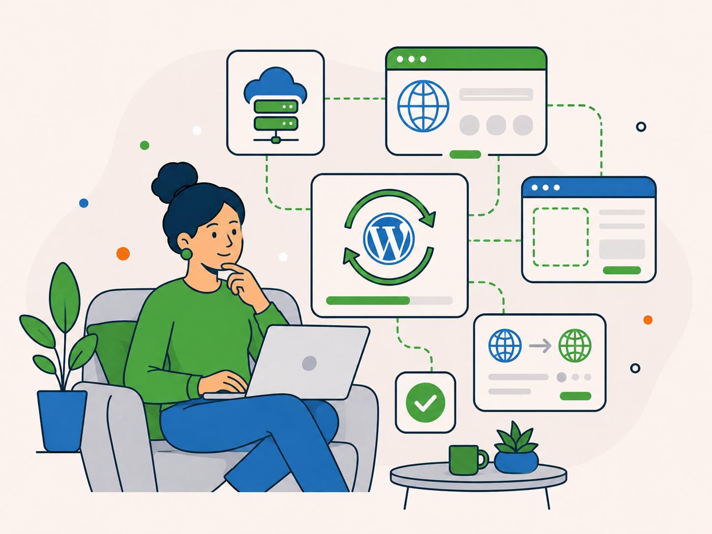 Website owner using a laptop while WordPress migration, hosting, domain, staging, and completion icons appear around them, showing a one-time support enquiry for moving a WordPress site.