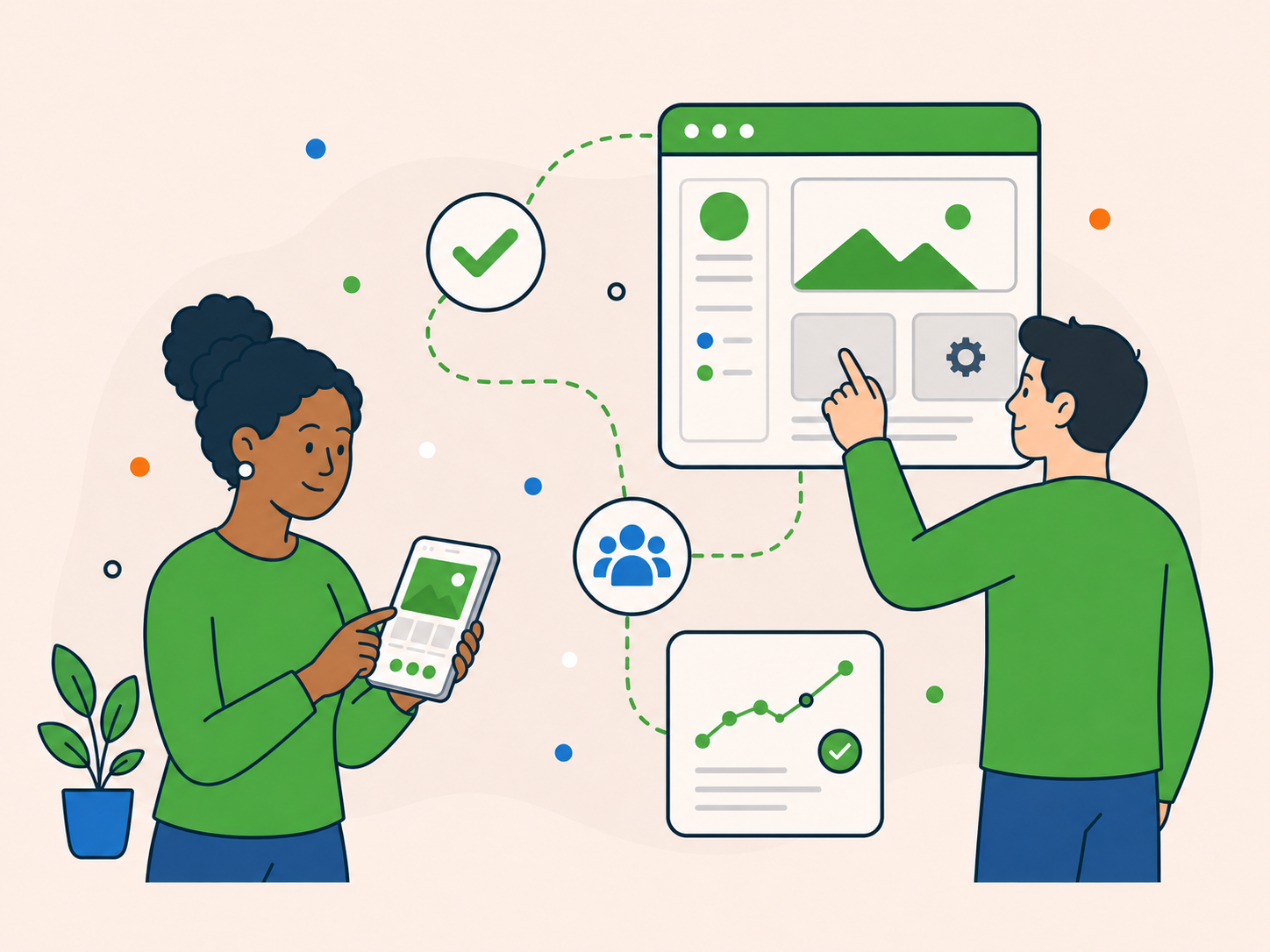 Illustration of two people using connected website interface panels, showing a smoother day-to-day website experience and better behind-the-scenes support.