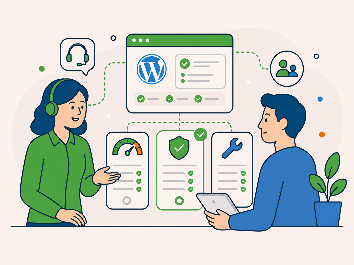 Illustration of a support advisor helping a customer compare WordPress performance care options, with connected website panels showing support, speed, security, and maintenance.