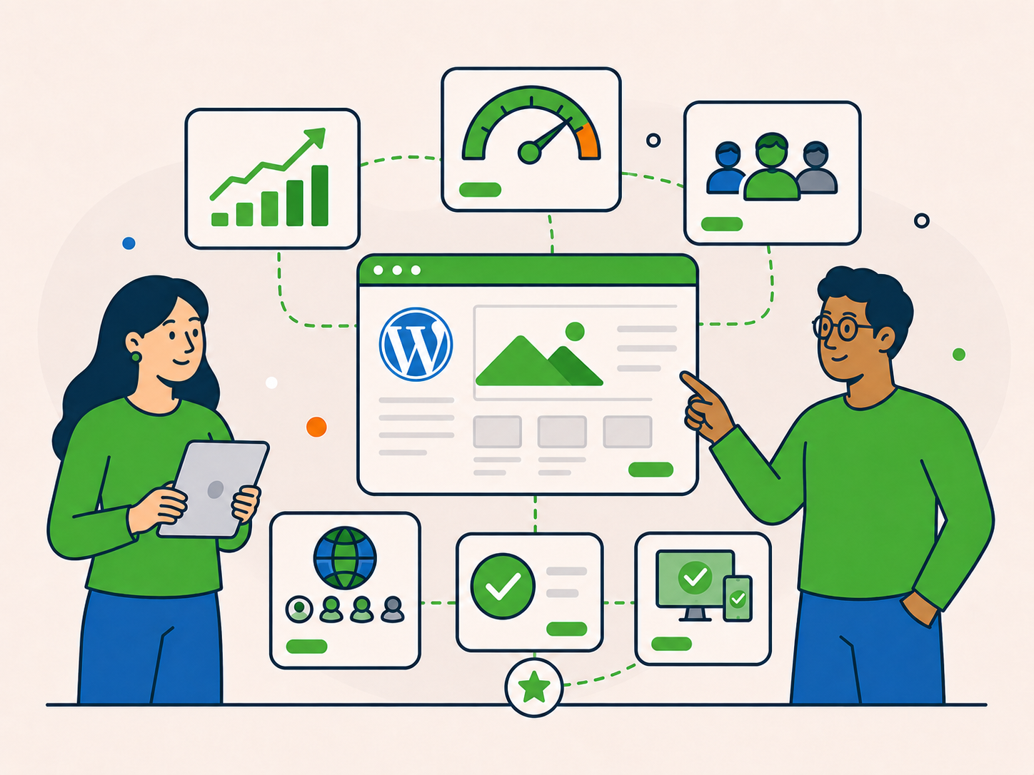 Illustration of two people reviewing website performance and visitor experience panels, showing a good fit for businesses with more traffic, higher demands, and stronger user experience needs.