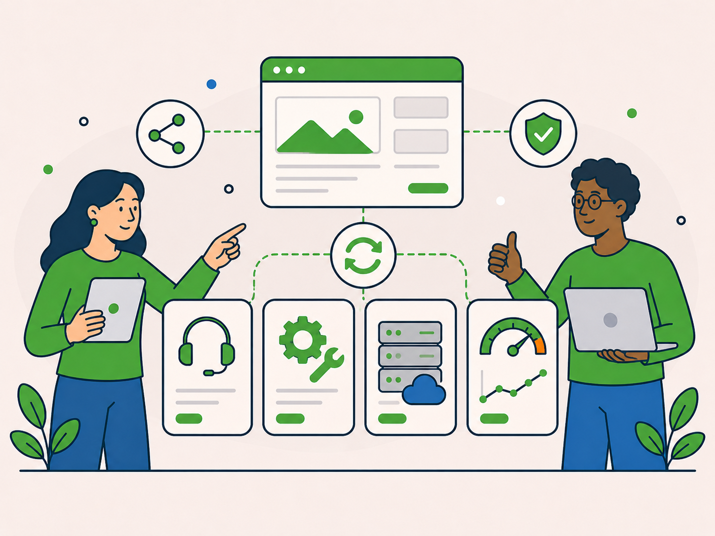 Illustration of two people using connected support, maintenance, hosting, and performance tools, showing more joined-up care across the wider WordPress setup.