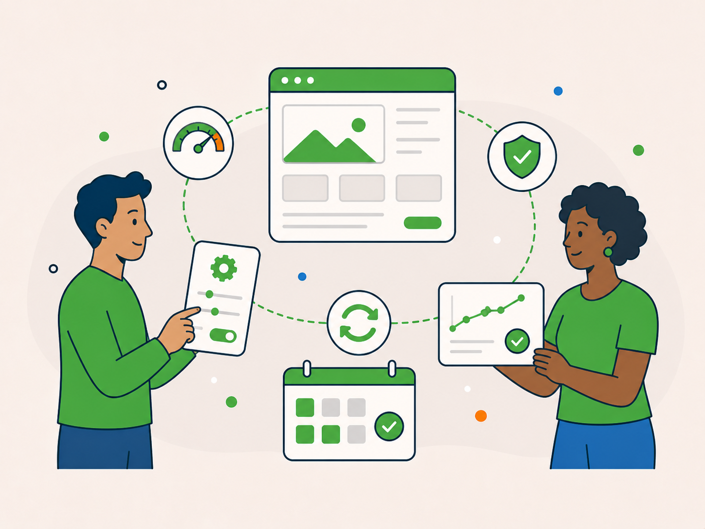 Illustration of two people reviewing connected website performance panels, showing ongoing care, regular checks, and steady improvement over time.