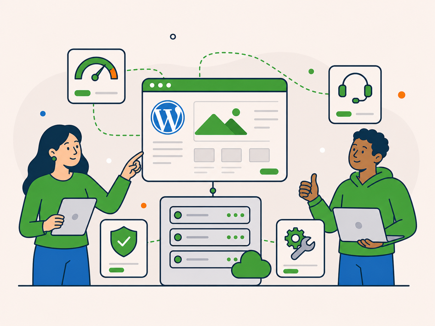 Illustration of two people reviewing a connected WordPress performance and hosting setup, showing support, care, servers, and speed working together.