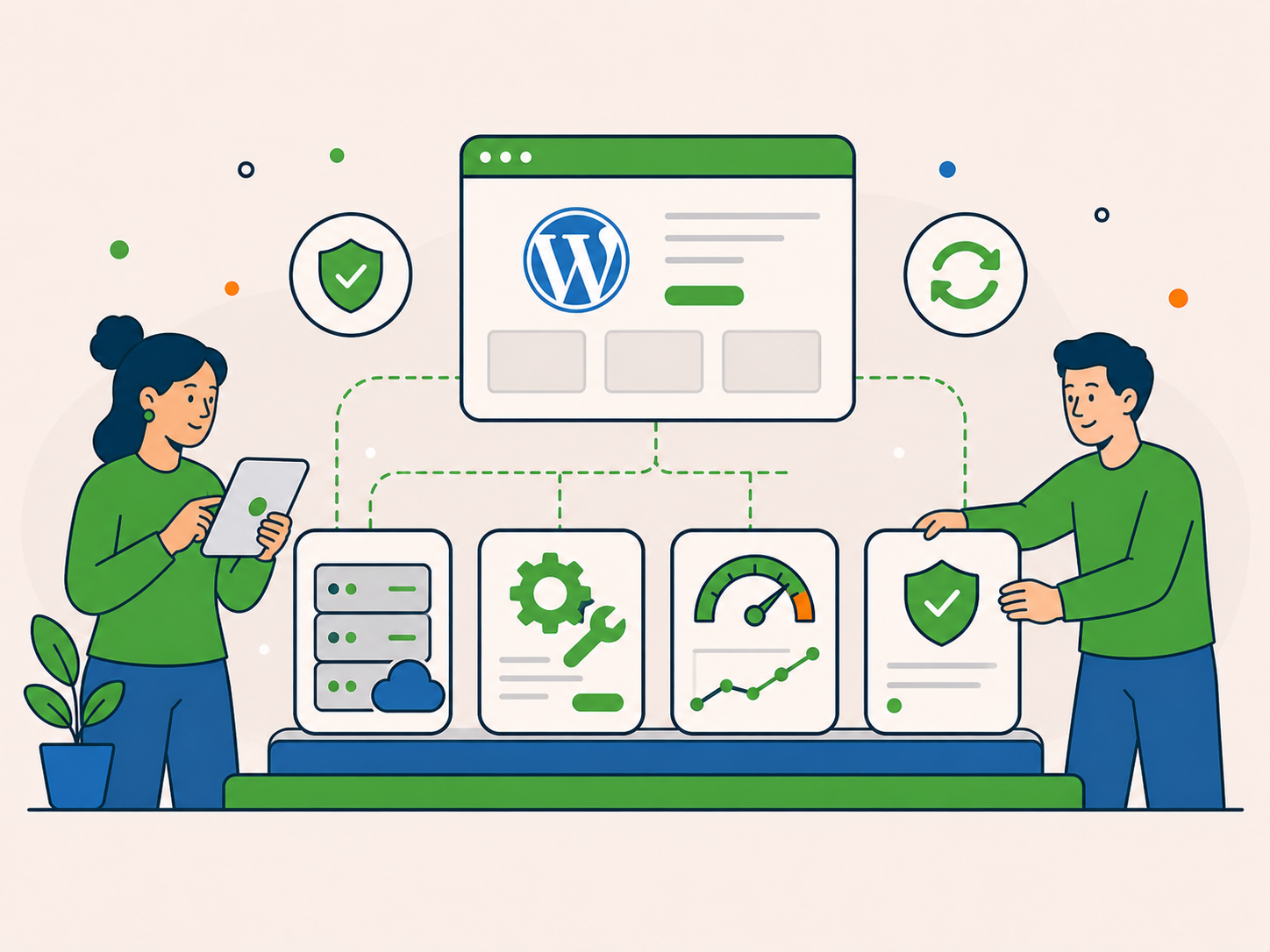 Illustration of two people managing connected website systems, showing a stronger long-term WordPress setup across hosting, maintenance, performance, and security.