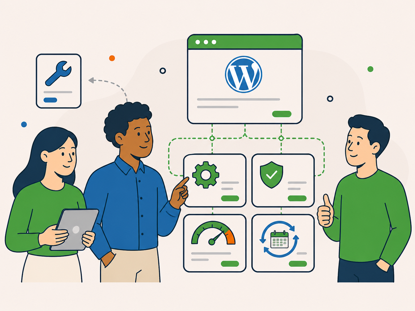Illustration of a team reviewing a connected WordPress care setup, showing a move from one-off improvements to stronger ongoing website care.