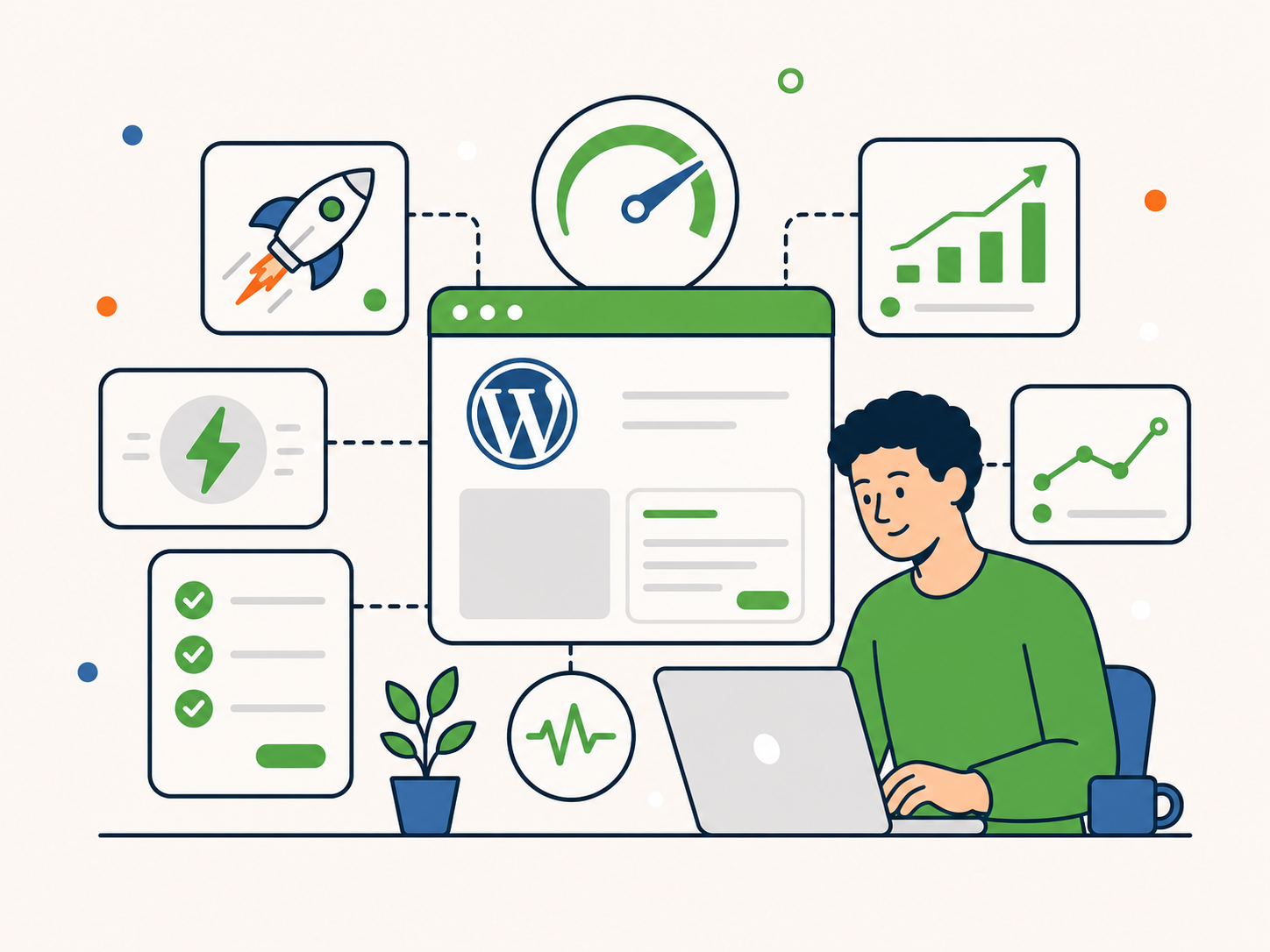 Illustration of a WordPress dashboard connected to performance icons including a speed gauge, rocket, lightning bolt, growth chart, monitoring, and checklist.