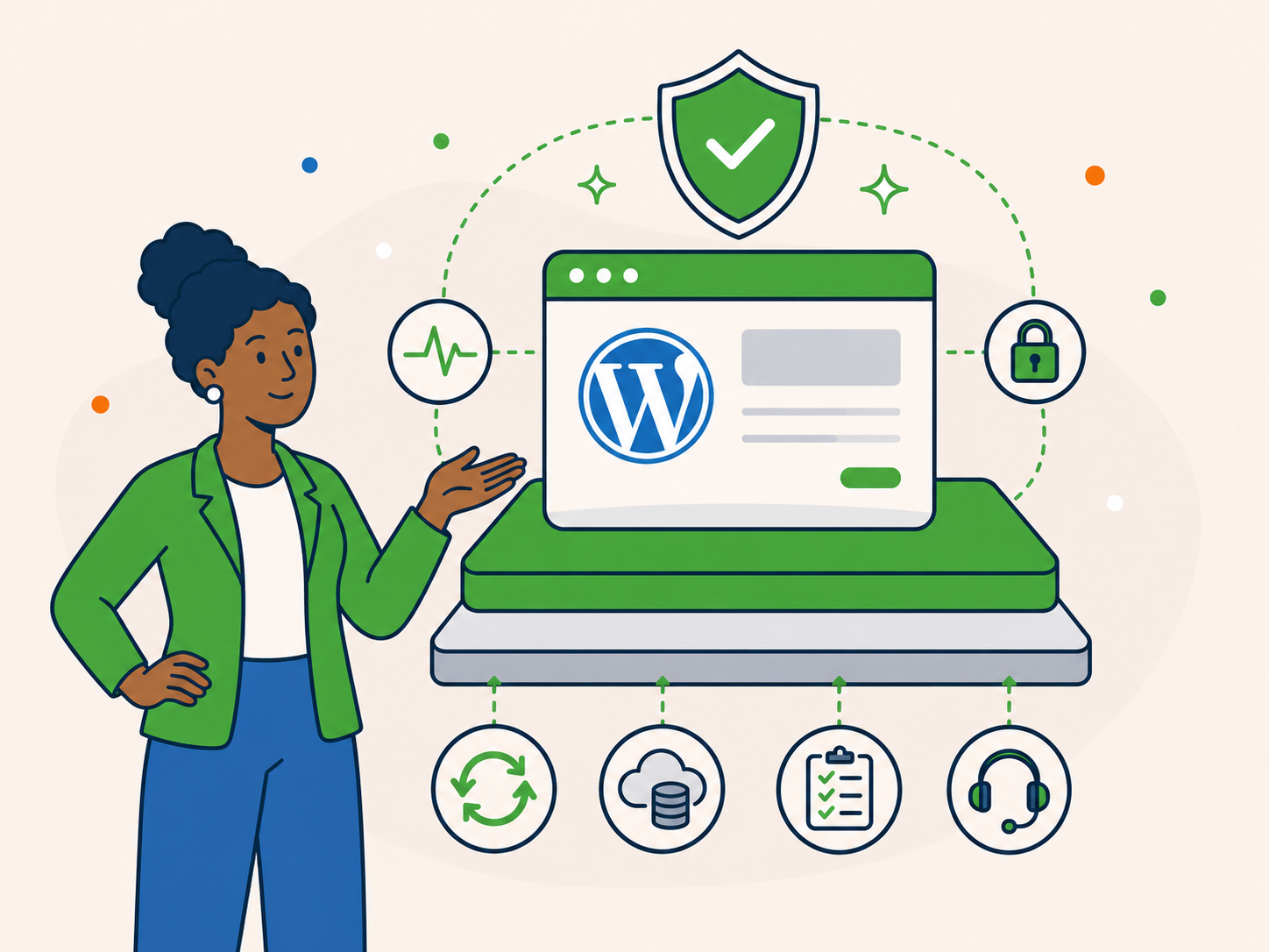 Illustration of a support adviser presenting a WordPress website with maintenance as the foundation and security protection added on top.