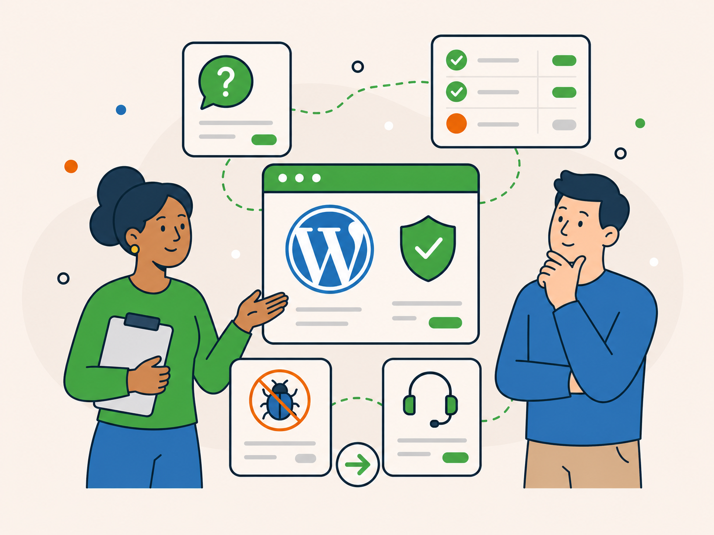 Illustration of a support adviser helping a client choose the right WordPress security care option, with connected FAQ, checklist, malware, support, and security icons.