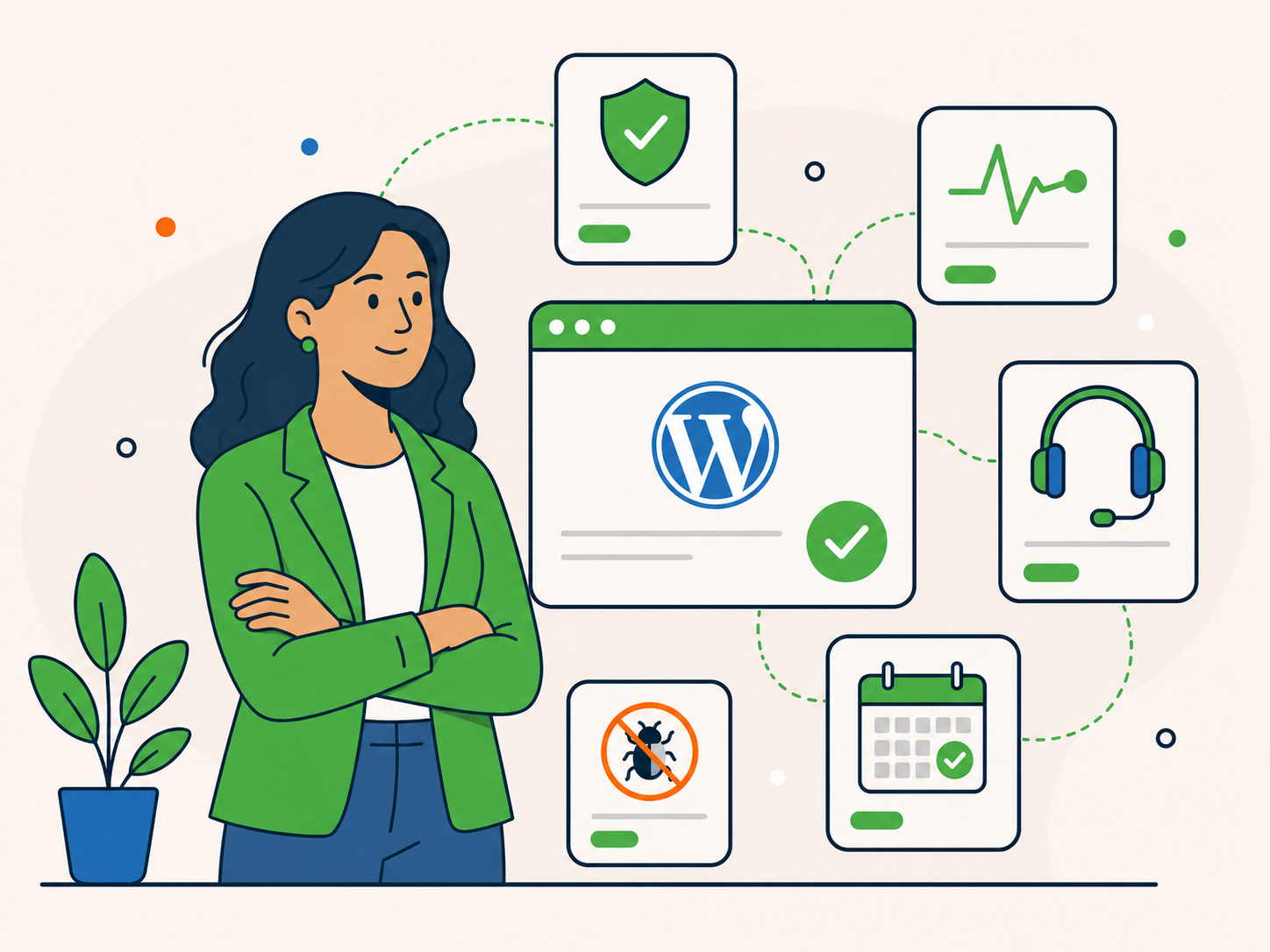 Illustration of a business owner beside a WordPress security care dashboard with connected icons for protection, monitoring, support, scheduled checks, and threat prevention.